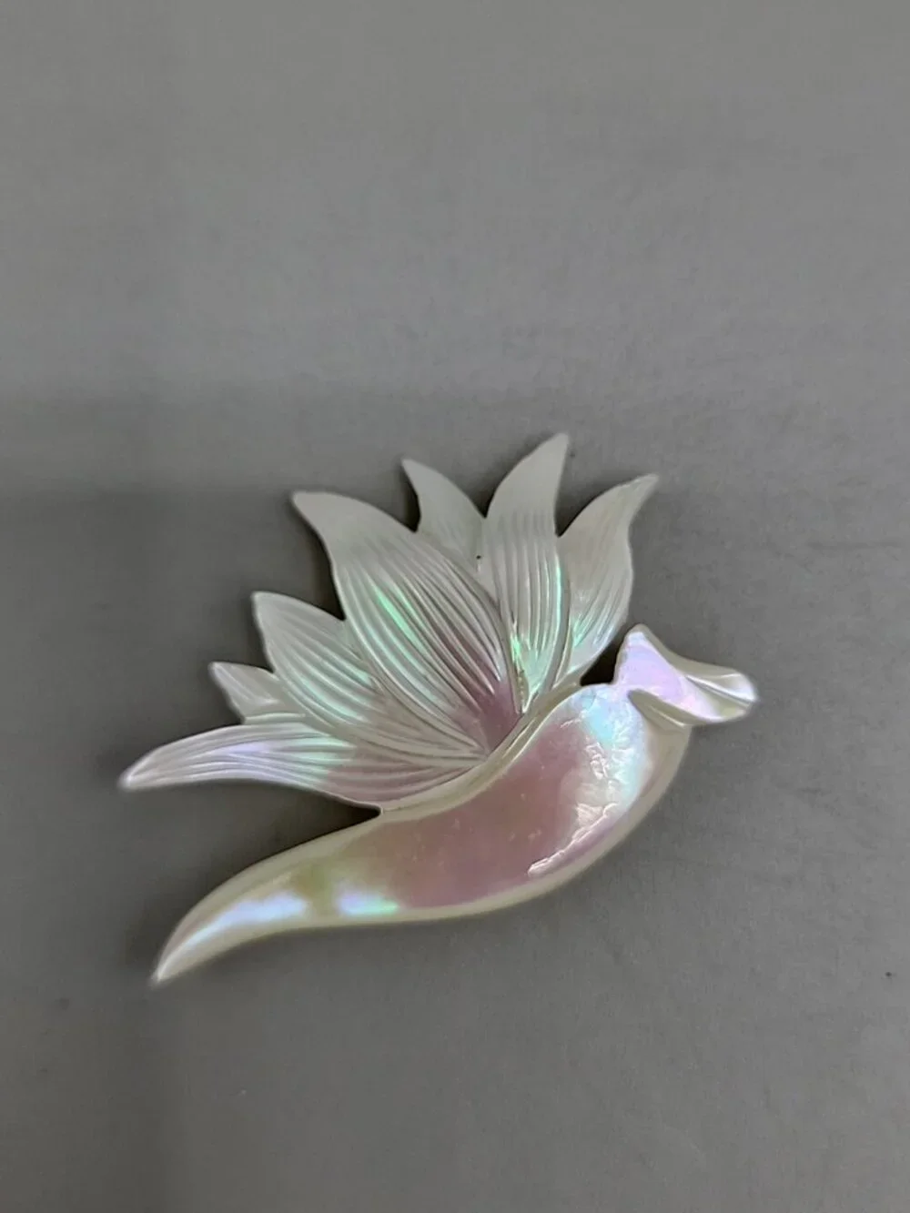 Vintage Mother Of Pearl Carved Dove Brooch Bird in Flight Irridescent MOP